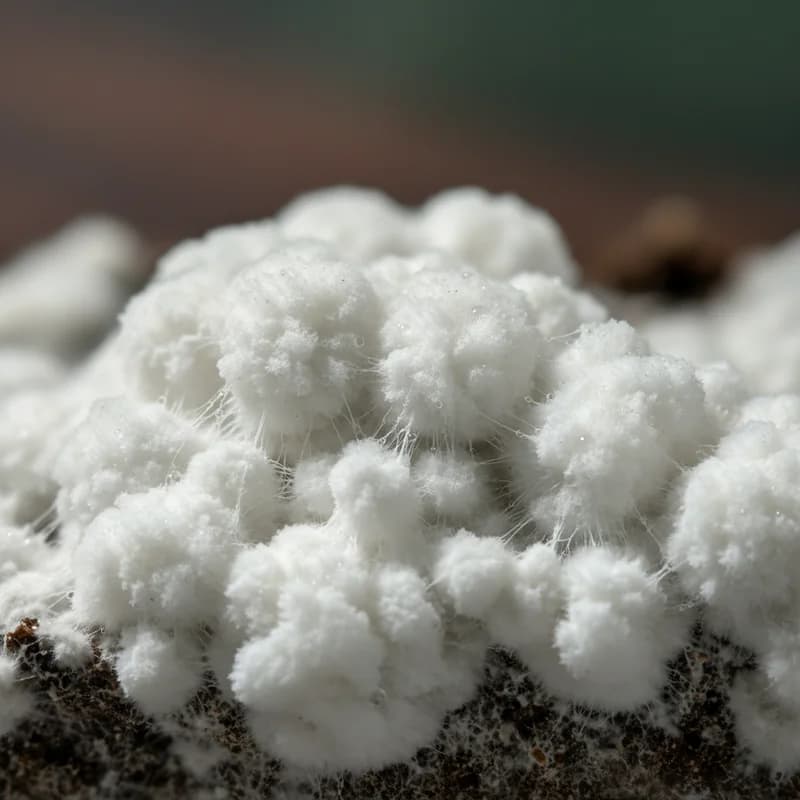 Fluffy aerial tomentose mycelium growing upward from substrate surface, showing normal bright white cotton-like growth