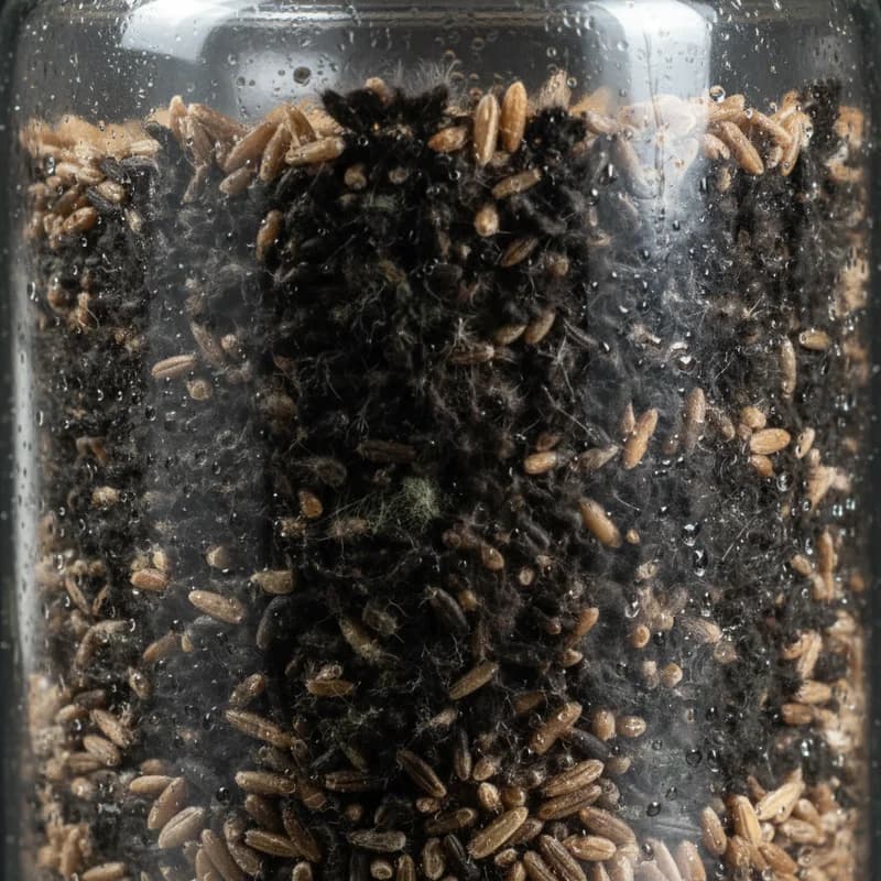 Aspergillus niger black mold on mushroom substrate, showing dark brown to jet-black powdery patches