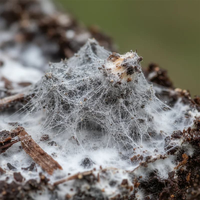 Cobweb mold on a mushroom fruiting block, showing wispy gray strands floating above the substrate surface
