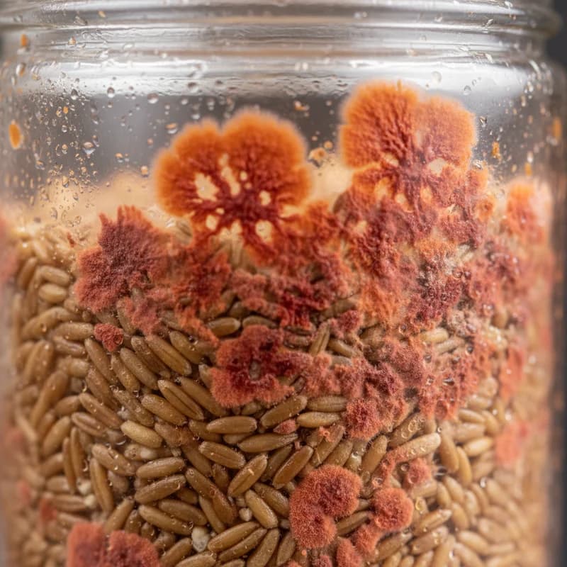 Lipstick mold (Sporendonema) on grain spawn, showing bright pink to reddish-orange patches on grain kernels
