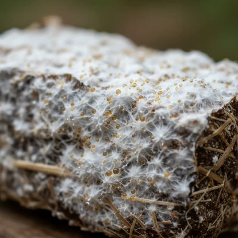 Yellow metabolite droplets on healthy white mushroom mycelium, showing normal amber liquid waste on substrate surface