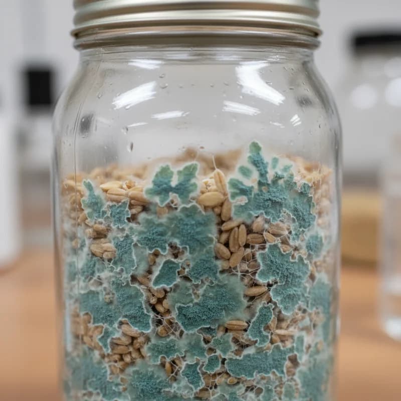 Penicillium blue-green mold on grain spawn, showing dusty powdery circular colonies with concentric rings of color