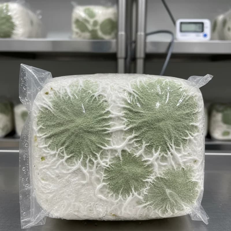 Green Trichoderma mold sporulating across contaminated mushroom substrate