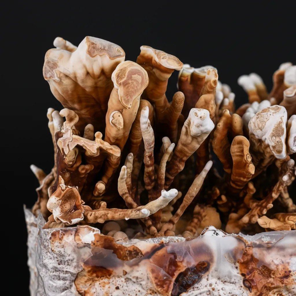 Antler reishi closeup showing coral-like branching formations and varnished surface detail