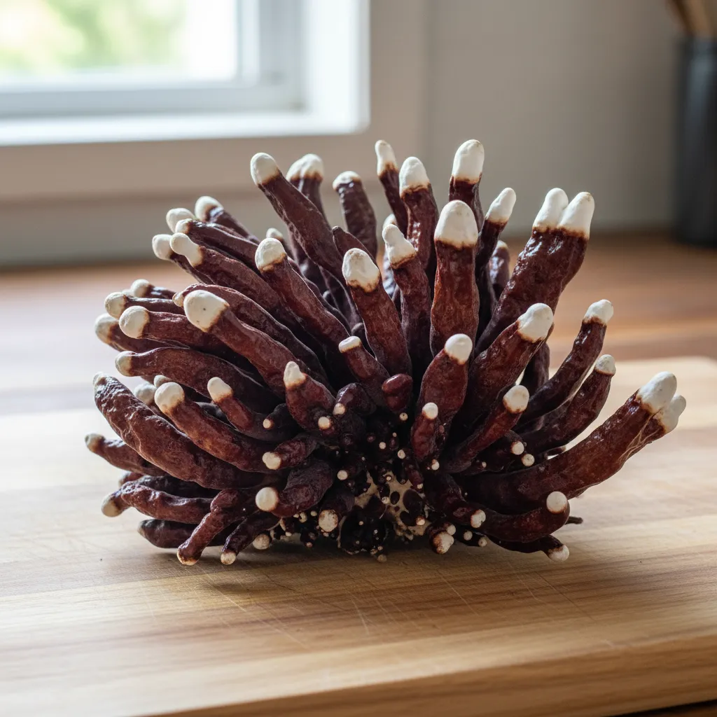Antler reishi mushroom with glossy reddish-brown lacquered surface and branching form