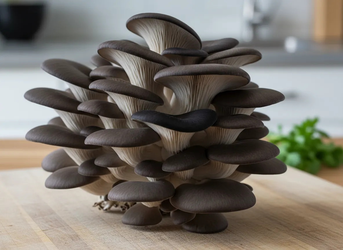 Dark black oyster mushroom cluster with striking grey-black caps
