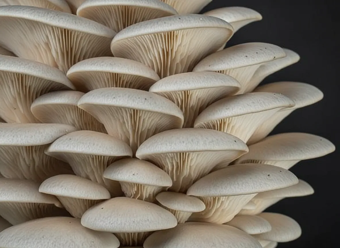Blue oyster mushroom closeup showing layered cap details and gill structure