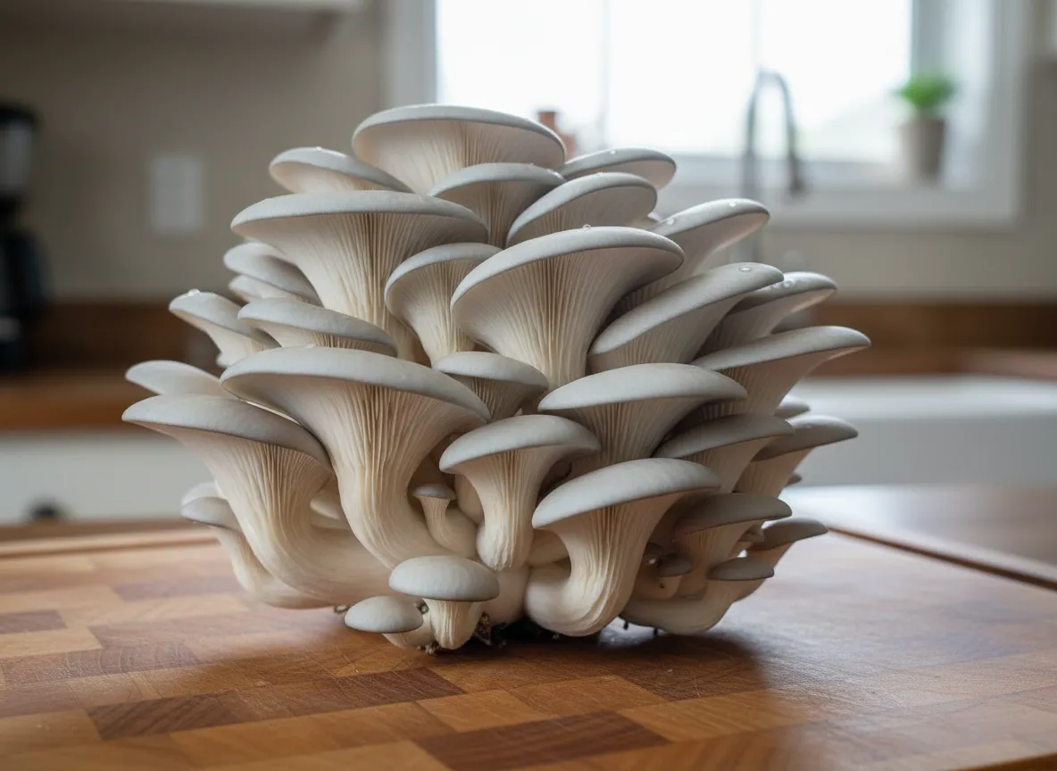 Fresh blue oyster mushroom cluster ready for harvest