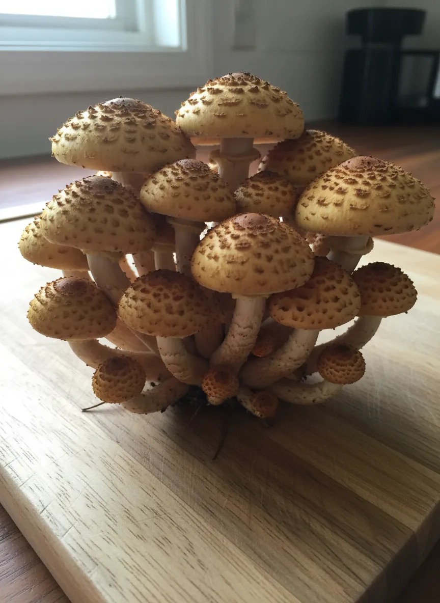 Dense cluster of golden-brown chestnut mushrooms ready for harvest