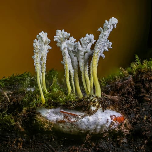 Cordyceps tenuipes fruiting body with slender orange club-shaped structures emerging from an insect host