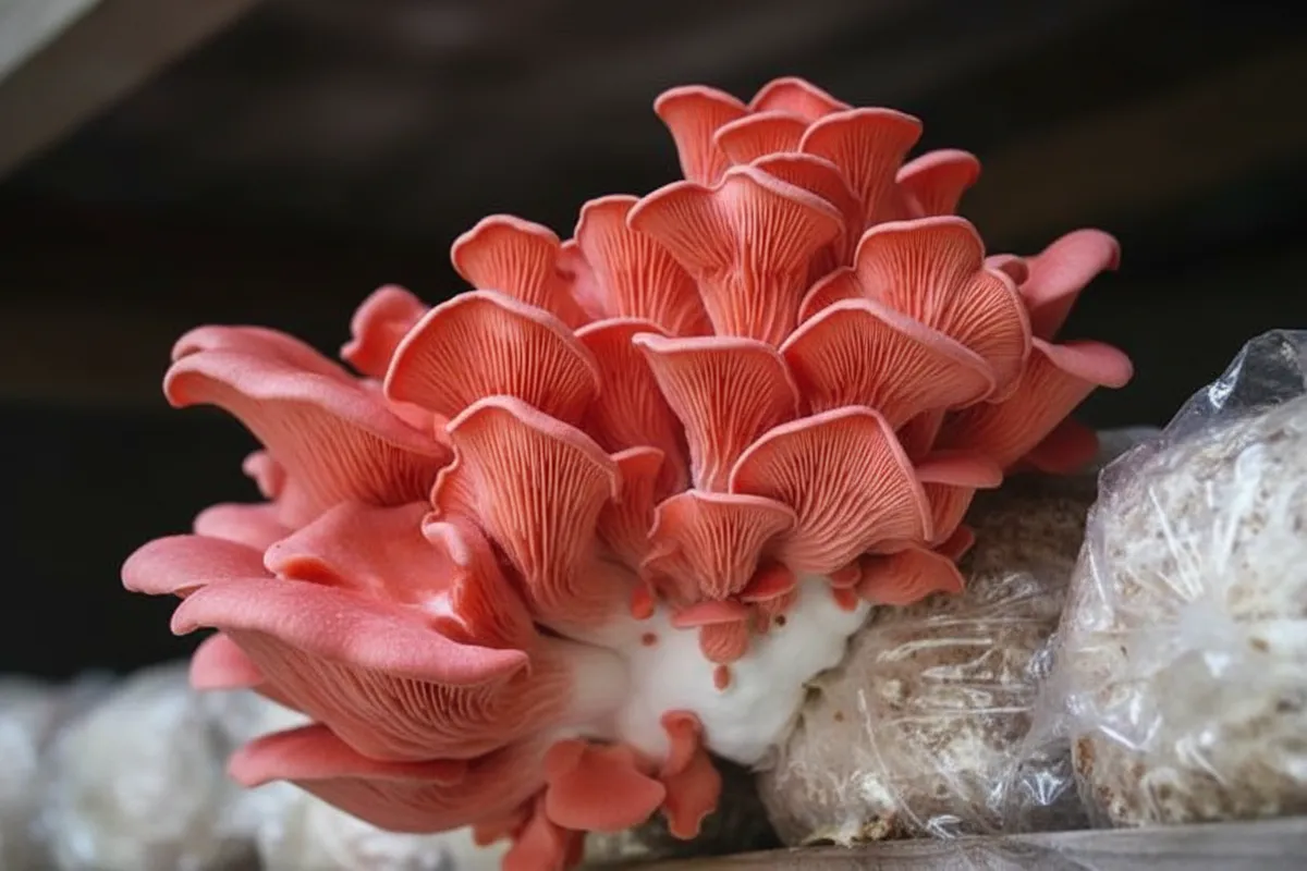 Pink oyster mushroom closeup showing cap edges beginning to flatten at harvest time