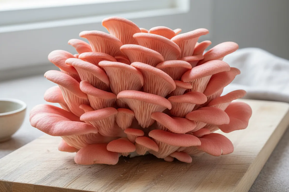 Vibrant pink oyster mushroom cluster with ruffled coral-colored caps