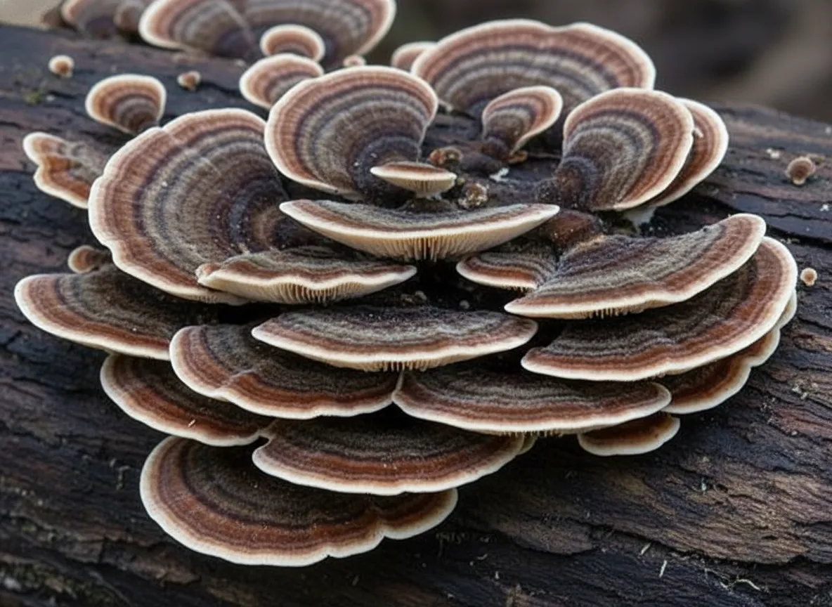 Turkey tail mushroom closeup revealing detailed color banding and velvety texture