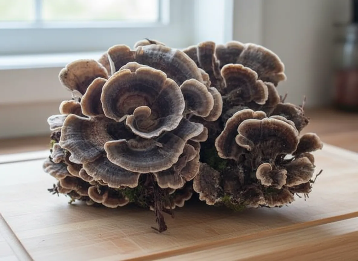 Turkey tail mushroom brackets showing distinctive concentric color bands