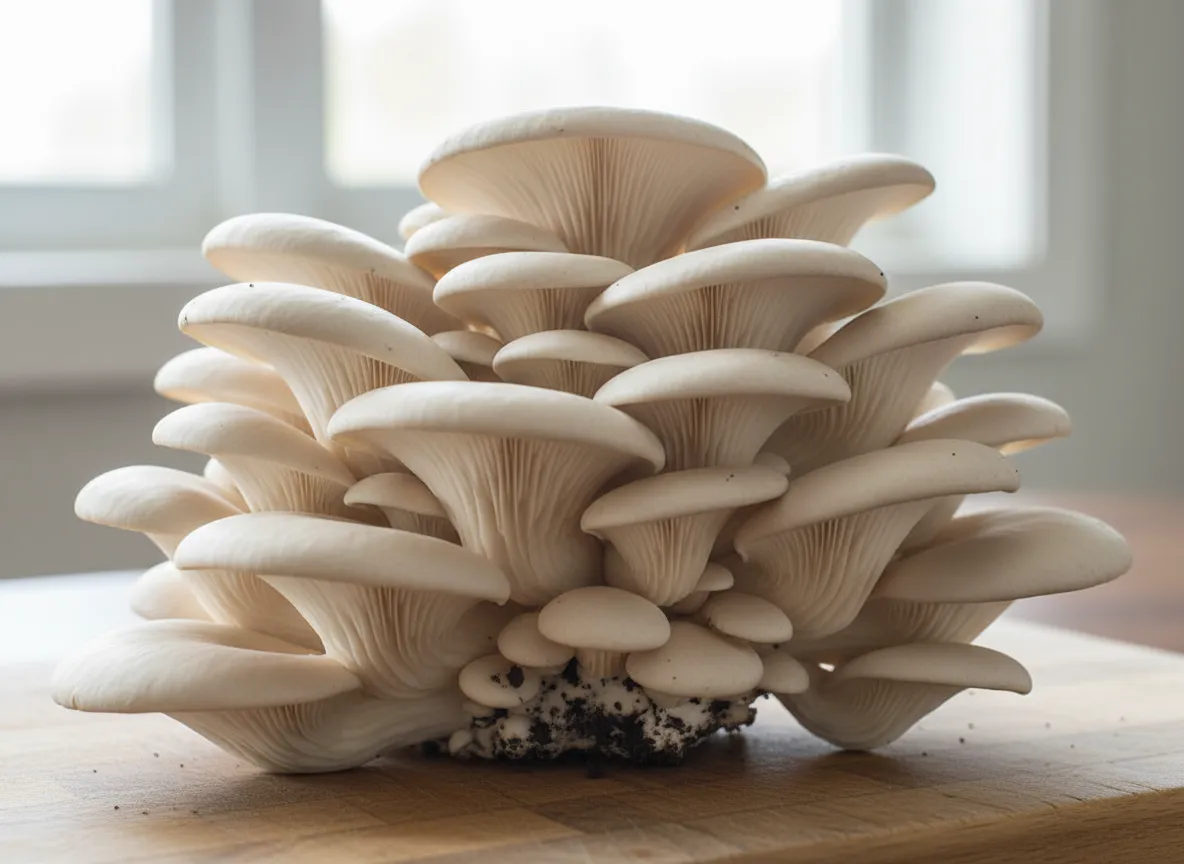 White oyster mushroom cluster with delicate cream-colored caps