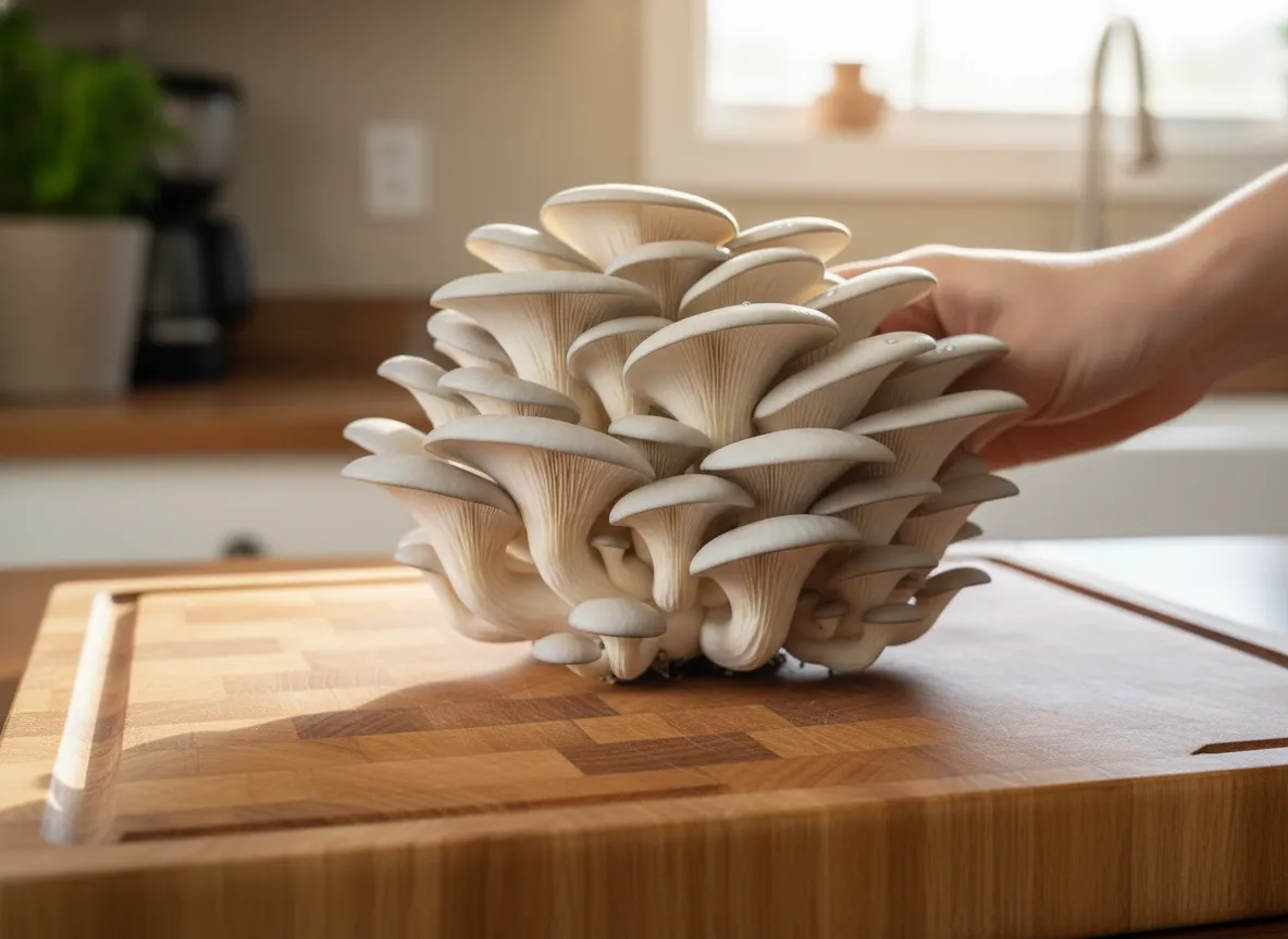 Dense cluster of blue oyster mushrooms fruiting from a beginner mushroom grow block