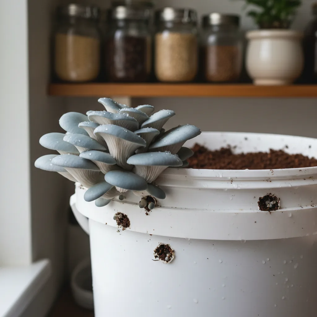 Oyster mushrooms fruiting from a substrate bag with a visible flush emerging