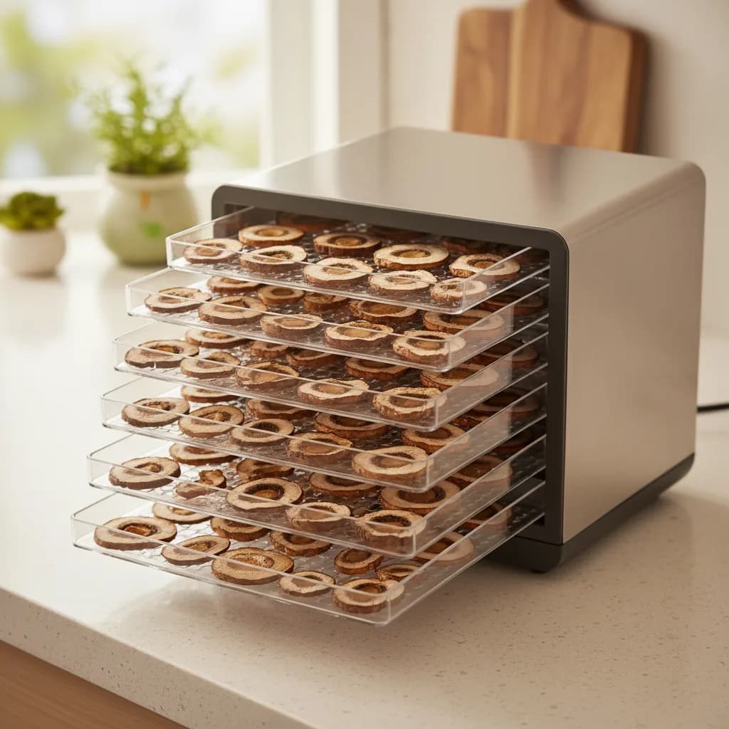 Food dehydrator with trays of sliced mushrooms being dried for long-term storage and preservation