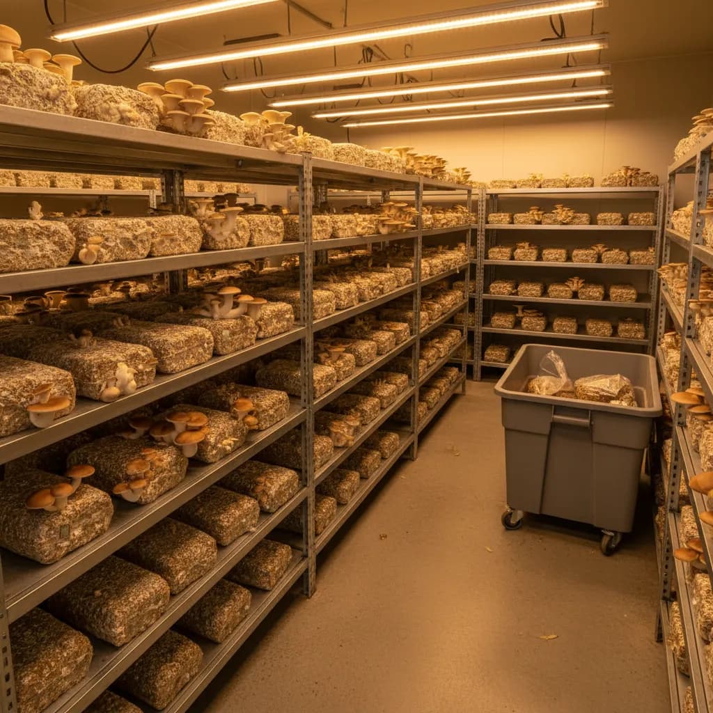 Mushroom fruiting room with cultivated blocks arranged on production shelving