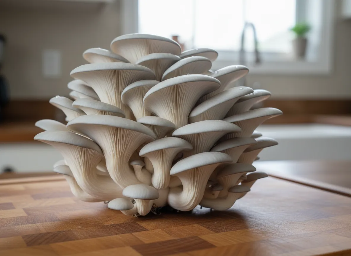 First flush of mushrooms emerging from a colonized substrate block