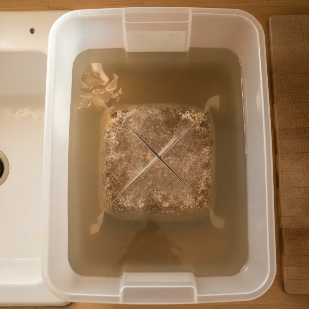 Soaking a mushroom substrate block in water between flushes to rehydrate