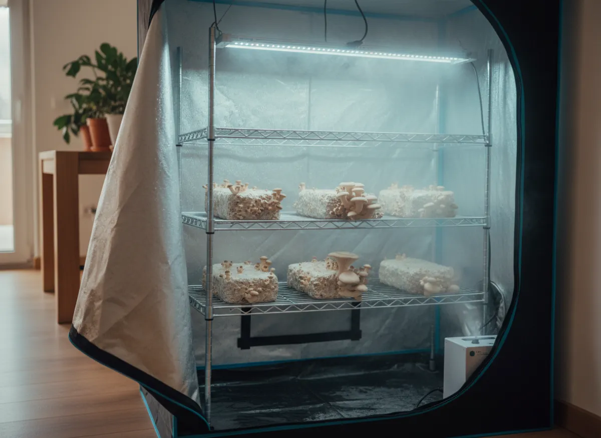 Shelving and environmental equipment inside a mushroom grow tent