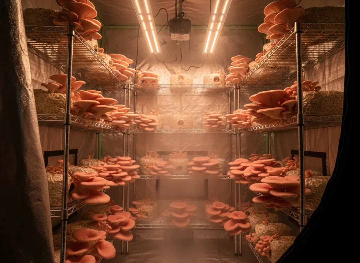 Grow tent setup with mushroom blocks fruiting on shelves
