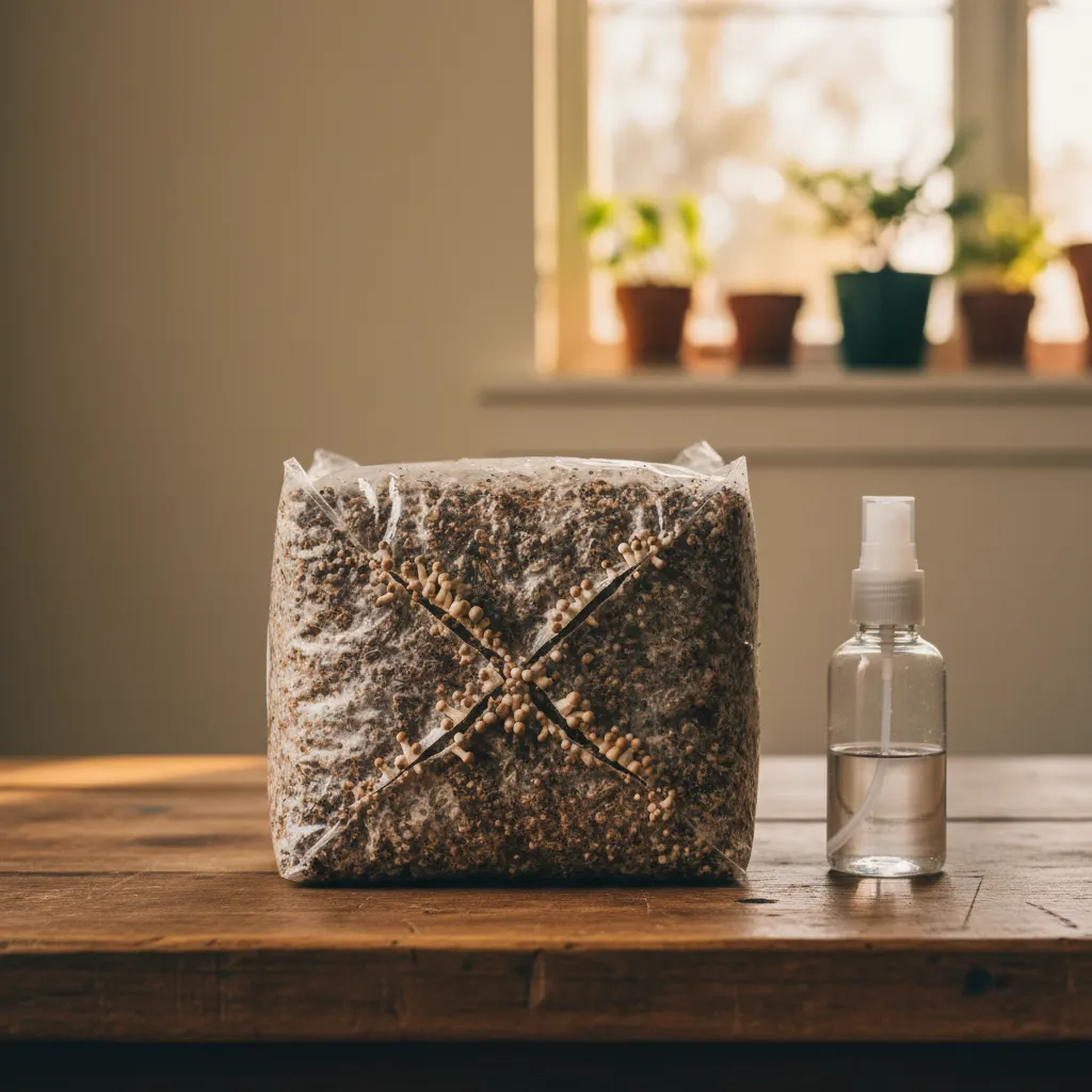 Beginner opening a mushroom grow kit before starting the first fruiting cycle