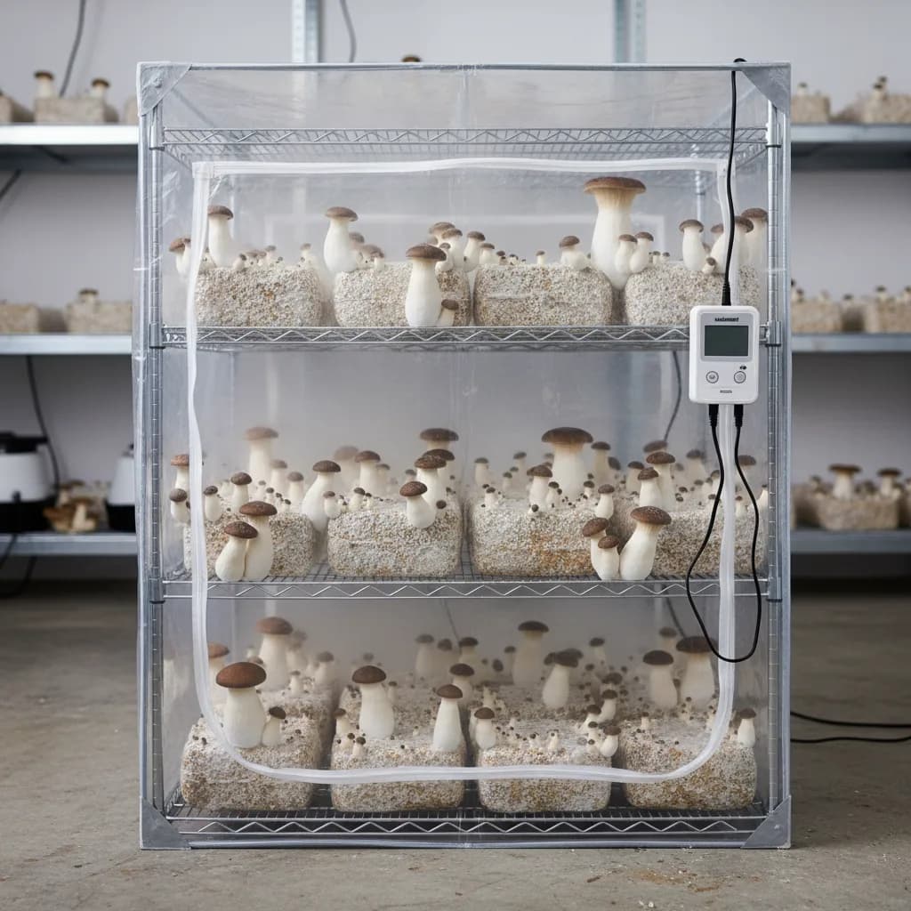 King oyster mushrooms fruiting in a controlled setup with managed CO2 levels