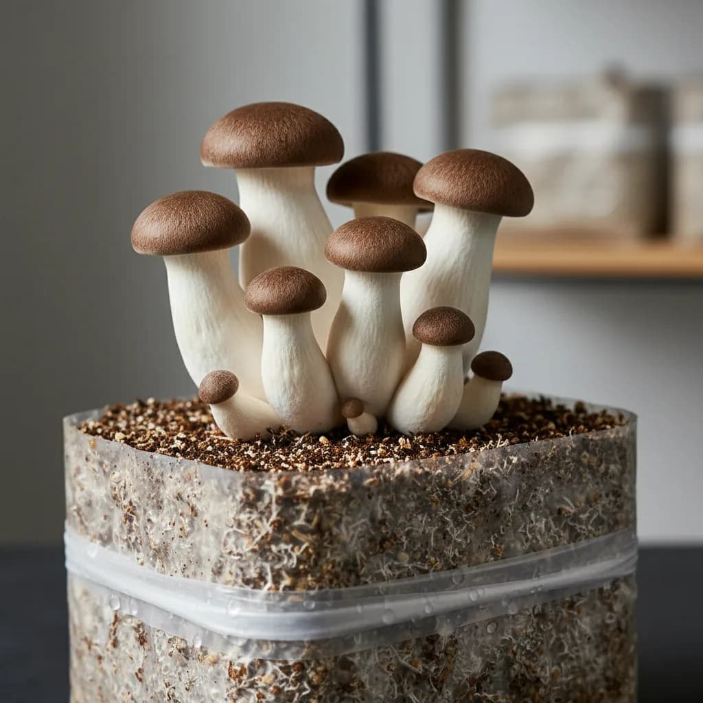 Mature king oyster mushrooms ready for harvest with thick white stems and tan caps