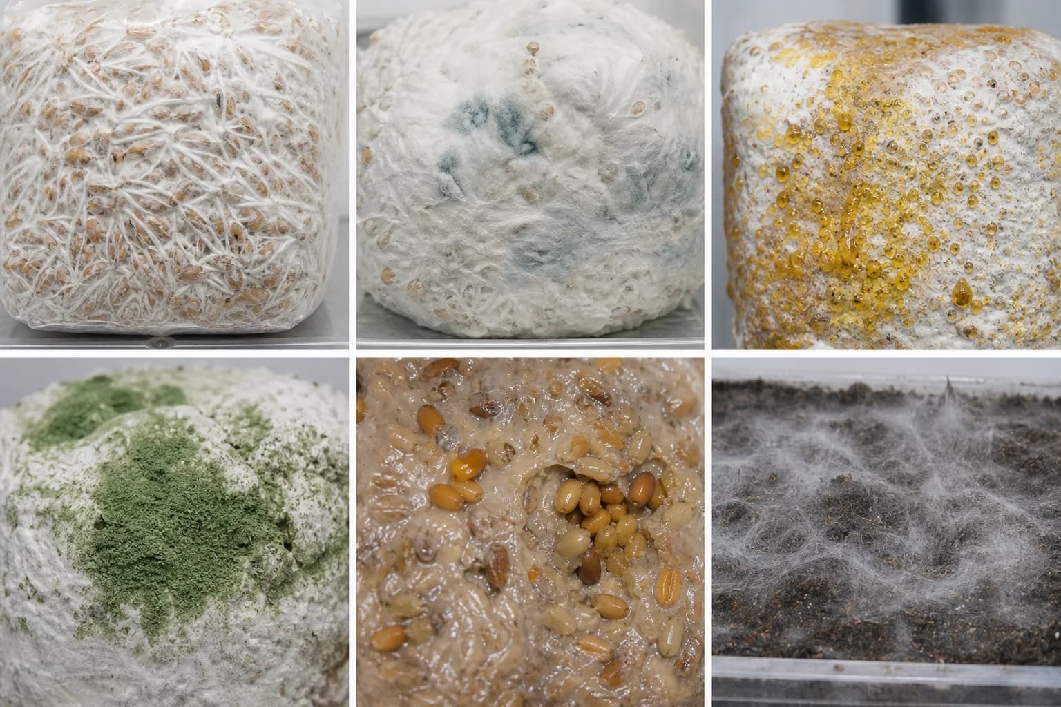 Illustrative six-panel comparison of healthy mushroom mycelium, blue bruising, amber metabolites, green mold, wet bacterial grain and gray cobweb-like growth