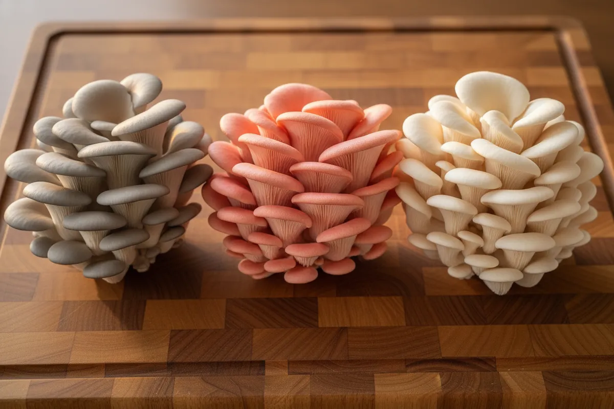 Cultivated oyster mushroom varieties showing differences in color and cluster shape