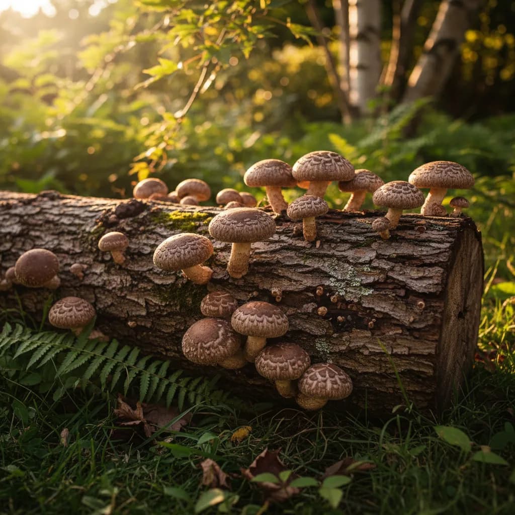 Shiitake mushrooms fruiting from inoculated oak logs stacked outdoors in a shaded forest setting