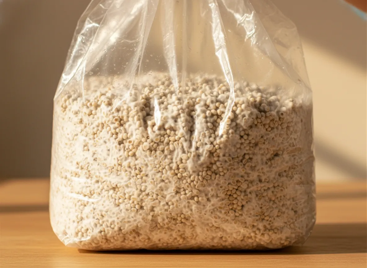 Close view of grain spawn evenly colonized by white mushroom mycelium