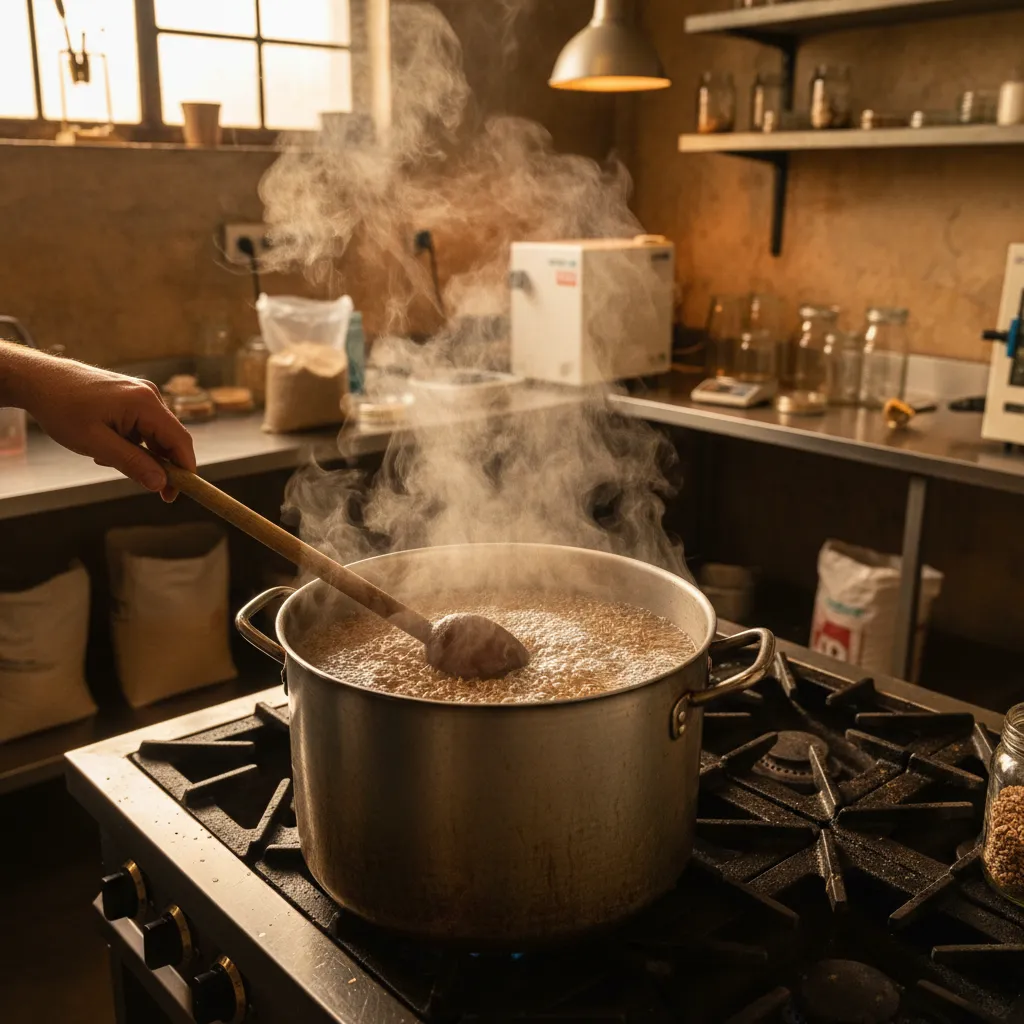 Grain spawn simmering in a pot of water during hydration preparation