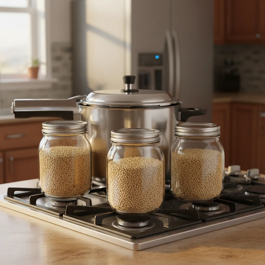 Mason jars of grain spawn loaded into a pressure cooker for sterilization