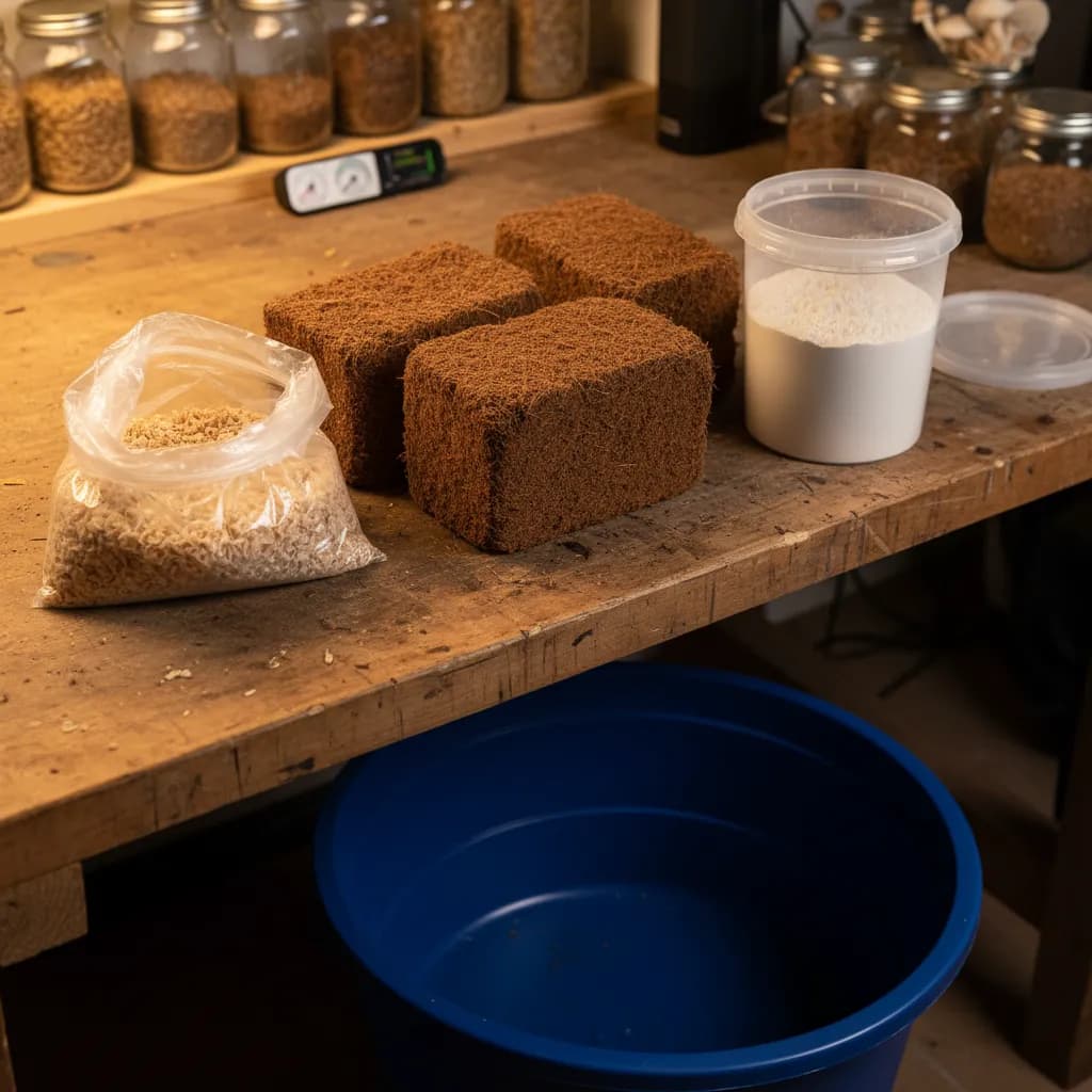 Coco coir, vermiculite, and gypsum being mixed together in a bucket for CVG substrate