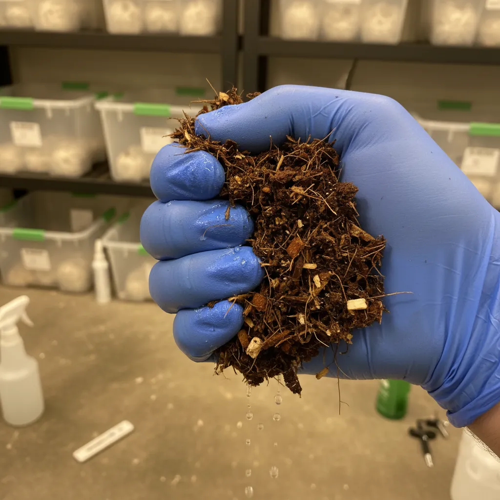Substrate at perfect field capacity being loaded into grow bags before sterilization