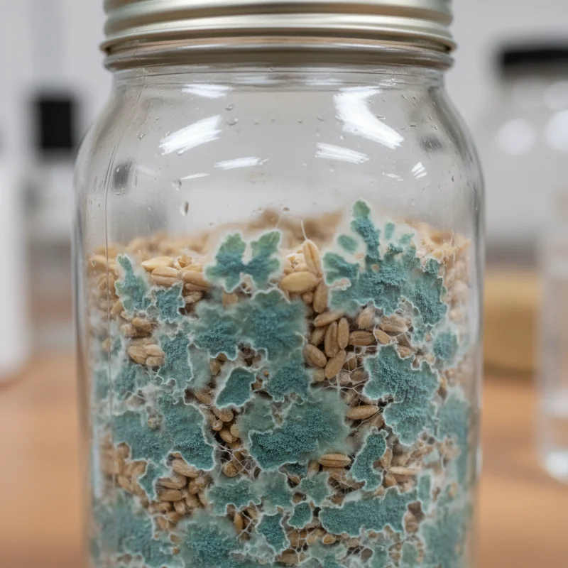 Penicillium blue-green mold on grain spawn, showing dusty powdery circular colonies with concentric rings of color