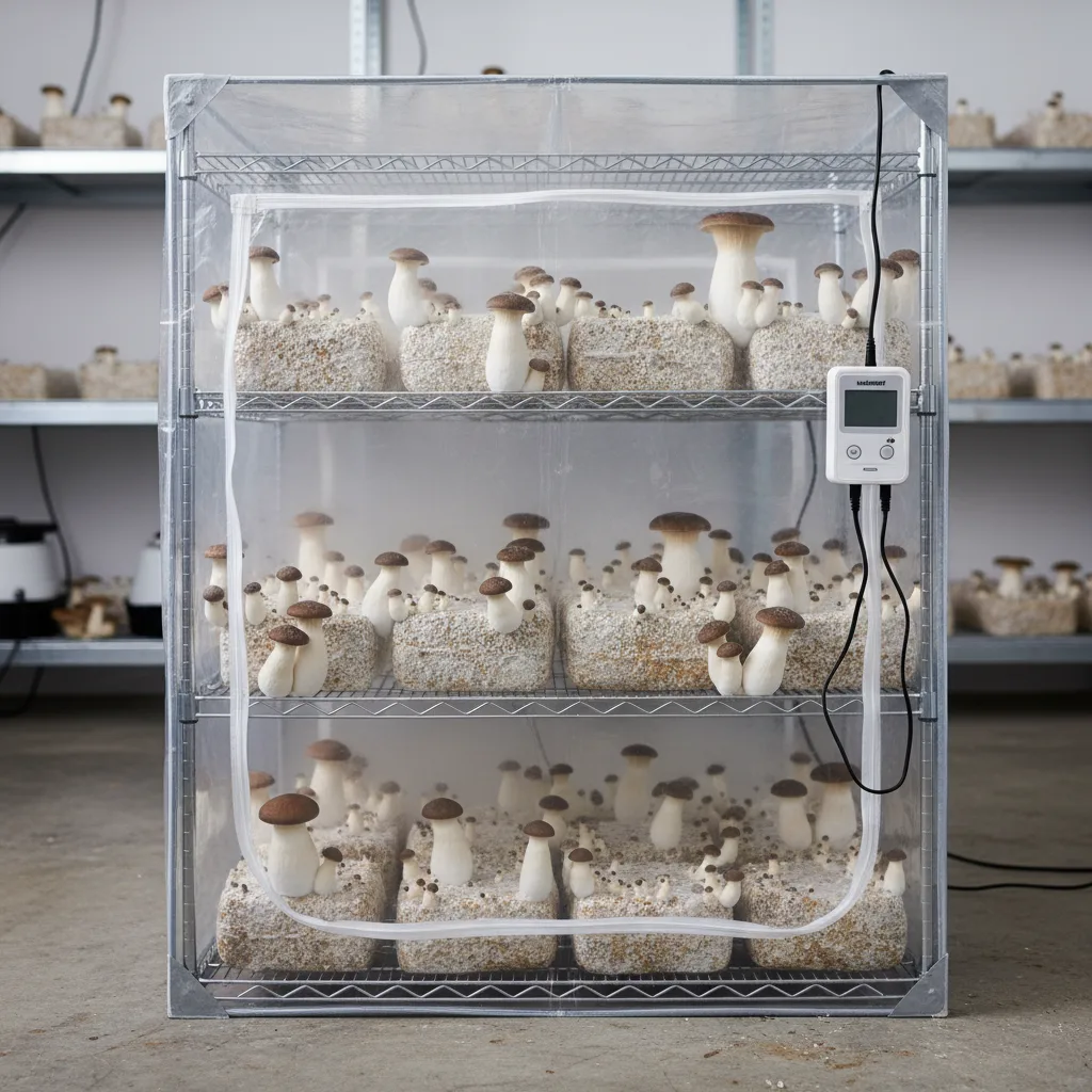 King oyster mushrooms fruiting in a controlled setup with managed CO2 levels
