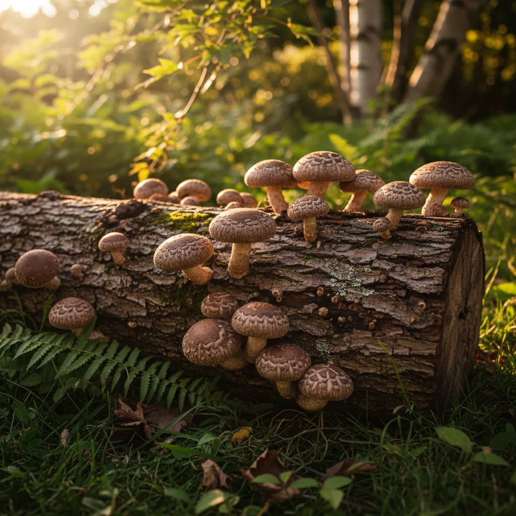 Shiitake mushrooms fruiting from inoculated oak logs stacked outdoors in a shaded forest setting
